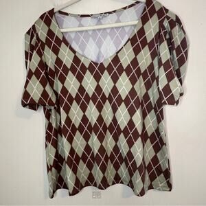 Haute Monde Argyle Sweater Green Brown Puff Sleeves Sz 2X Preppy 90s Style Y2K